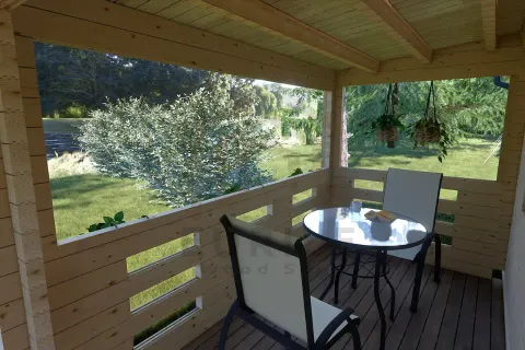 EGLĖ medinio namelio terasa su stalu ir poilsio zona
