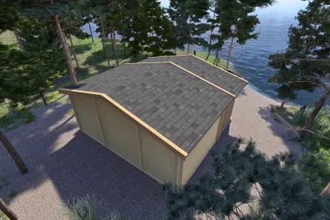 KRIAUŠĖ 33 m² medinis surenkamas namelis – stogo vaizdas