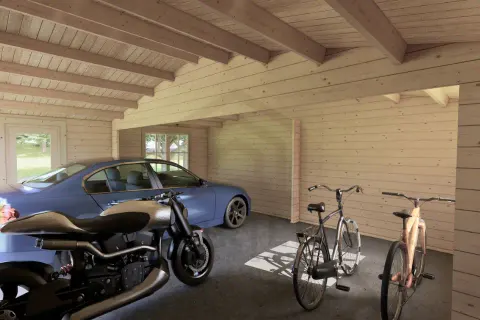 Kadagys medinio garažo vidaus erdvė automobiliui, motociklui ir dviračiams